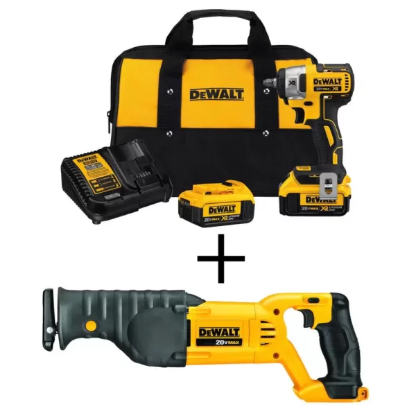 DEWALT 20-Volt MAX XR Cordless Brushless 3/8 in. Compact Impact Wrench, (2) 20-Volt 4.0Ah Batteries & Reciprocating Saw