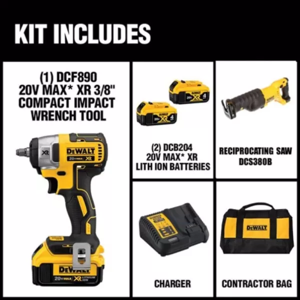 DEWALT 20-Volt MAX XR Cordless Brushless 3/8 in. Compact Impact Wrench, (2) 20-Volt 4.0Ah Batteries & Reciprocating Saw