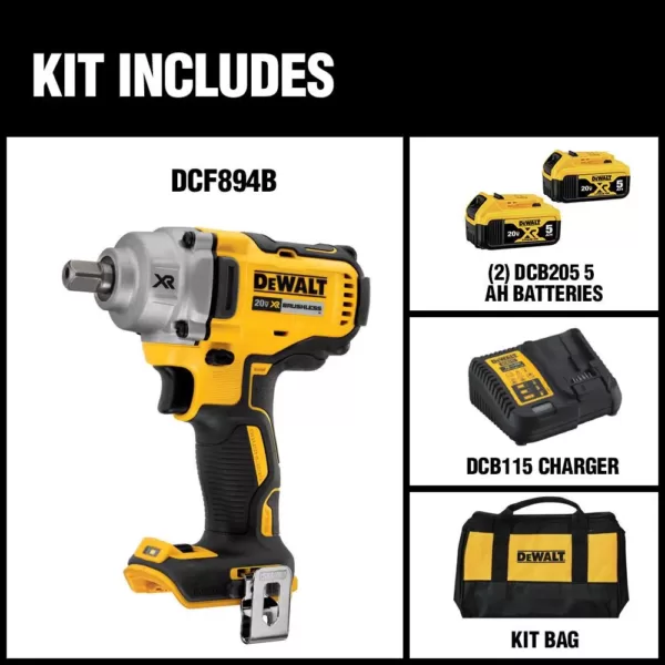 DEWALT 20-Volt MAX XR Cordless Brushless 1/2 in. Mid-Range Impact Wrench with Hog Ring Anvil, (2) 20-Volt 5.0Ah Batteries