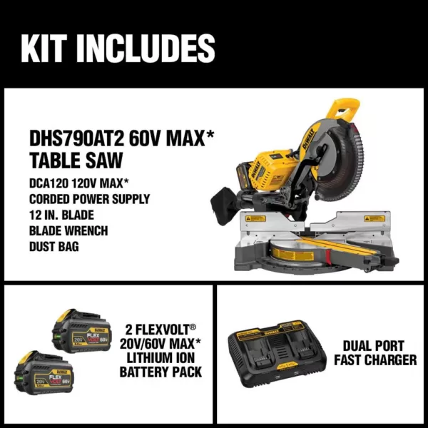 DEWALT FLEXVOLT 120-Volt MAX Cordless Brushless 12 in. Miter Saw with AC Adapter with (2) FLEXVOLT 6.0Ah Batteries