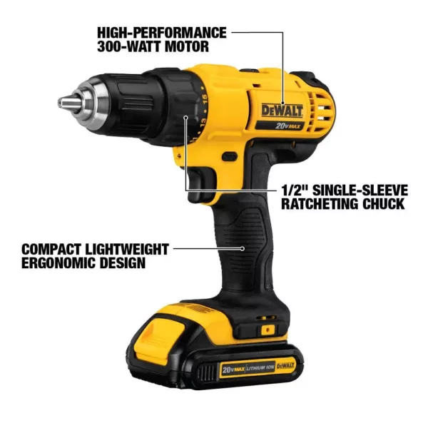 DEWALT 20-Volt MAX Cordless 1/2 in. Drill/Driver, (2) 20-Volt 1.3Ah Batteries & Max Fit Screwdriving Set (140-Piece)