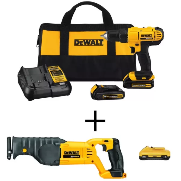 DEWALT 20-Volt MAX Cordless 1/2 in. Drill/Driver, (2) 20-Volt 1.3Ah Batteries, Charger & Reciprocating Saw