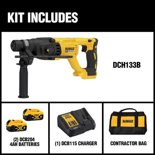 DEWALT 20-Volt MAX Cordless Brushless 1 in. SDS Plus D-Handle Rotary Hammer,(2) 20-Volt 4.0Ah Batteries & 1/2 in. Impact Wrench