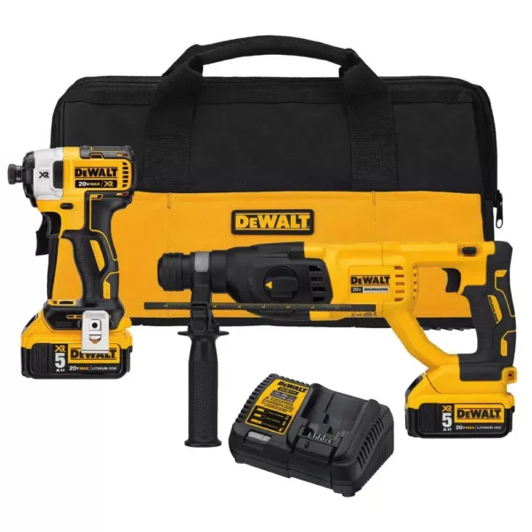 DEWALT 20-Volt MAX XR Cordless Impact Driver/Rotary Hammer Combo Kit (2-Tool), (2) 20-Volt 5.0Ah Batteries & Charger