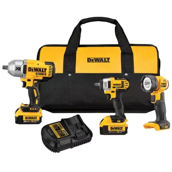 DEWALT 20-Volt MAX Cordless Impact Wrench, Impact Driver & Light Combo Kit (3-Tool) with (2) 20-Volt 4.0Ah Batteries & Charger