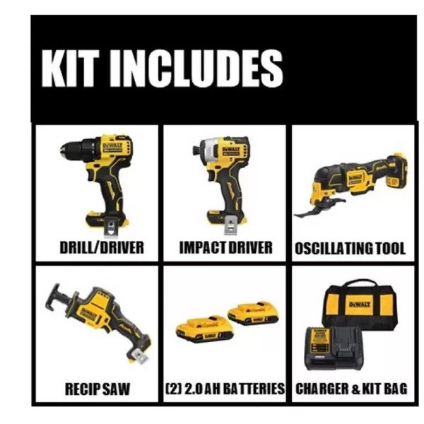 DEWALT ATOMIC 20-Volt MAX Cordless Brushless Combo Kit (4-Tool), (2) 2.0 Ah Batteries, Charger & Bag