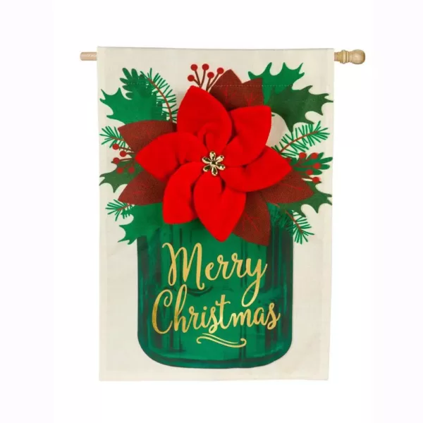 Evergreen 28 in. x 44 in. Poinsettia Mason Jar House Linen Flag