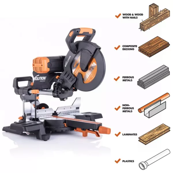 Evolution Power Tools 15 Amp 10 in. Dual Bevel Sliding Miter Saw with Laser Guide, Dust Bag, 13 ft. Power Cord, and 28-T Multi-Material Blade