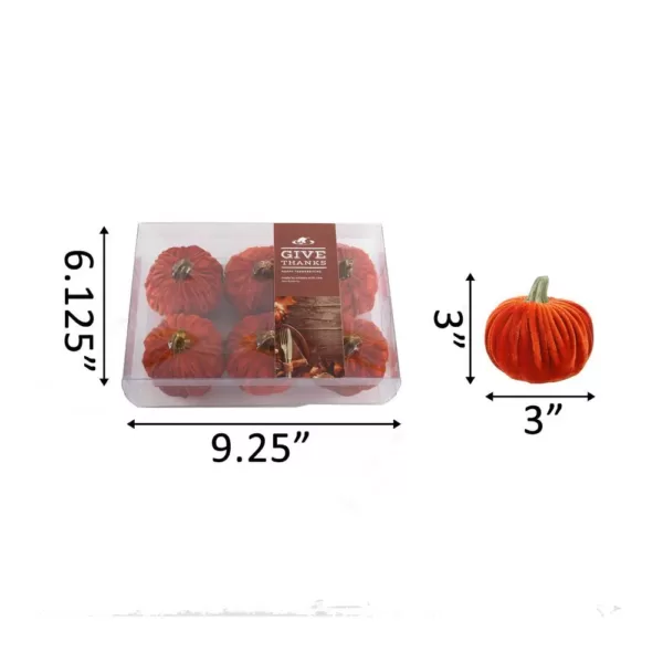 Flora Bunda 3 in. Fall Harvest Orange Velvet Pumpkins Set of 6 in PVC Gift Box