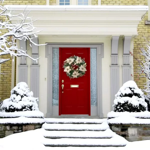 Fraser Hill Farm 24 in. Artificial Christmas Wreath with Poinsettias, Ornaments and Gold Berries