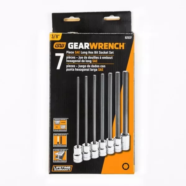 GEARWRENCH 3/8 in. Drive Long Length Hex Bit SAE Socket Set (7-Piece)