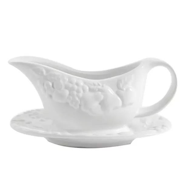 Gibson Home Fruitful 8 in. White Gravy Boat with Saucer