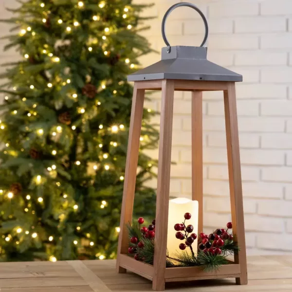 Glitzhome 19.29 in. H Wooden/Metal Led Pillar Lantern with 3 Changeable Candle Rings Spring/Fall/Christmas