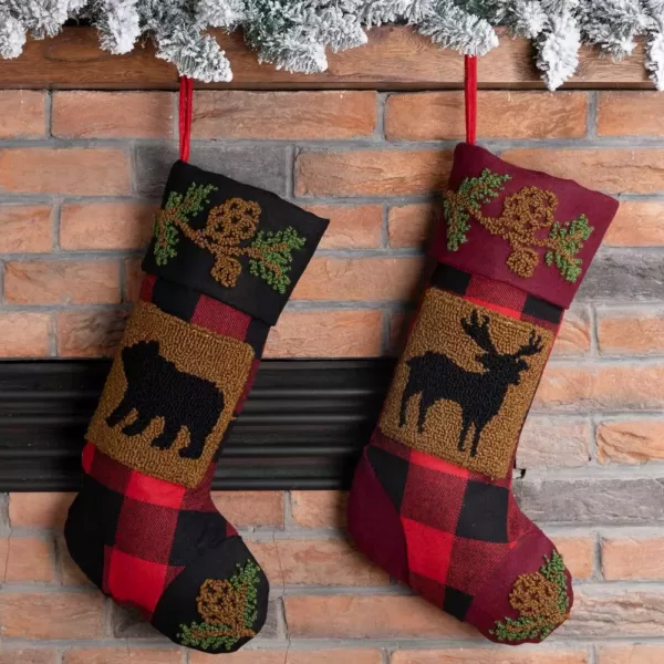 Glitzhome 19 in. Acrylic Plaid Stocking with Rug Hooked Reindeer and Bear (Set of 2)