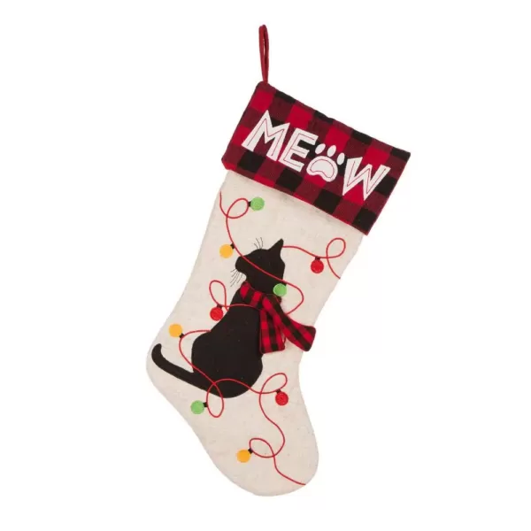 Glitzhome 21 in. Polyester LED Embroidered Linen Cat Christmas Stocking (2-Pack)