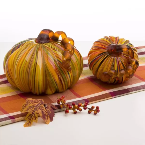 Glitzhome 6.50 in. H S/2 Multi-Striped Glass Short Pumpkin