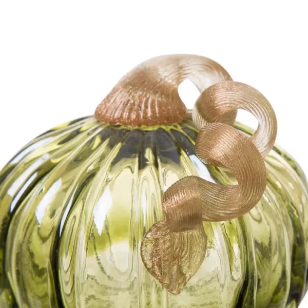 Glitzhome S/2 4.72 in. Green and Amber Crackle Glass Short Pumpkin