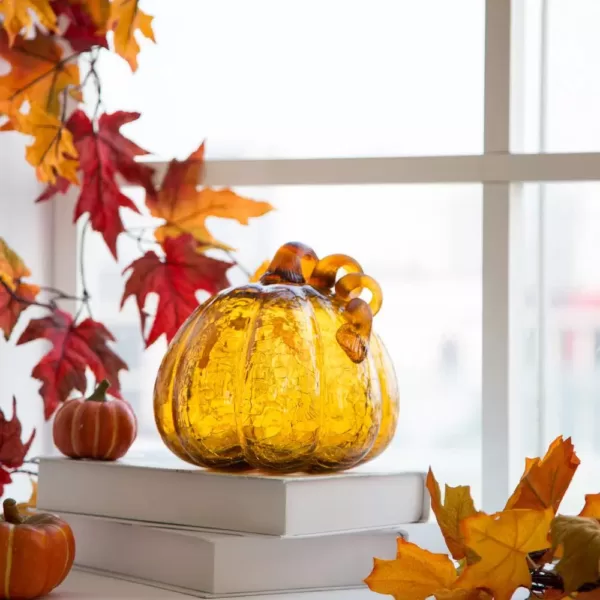 Glitzhome S/2 9.06 in. Amber Crackle Glass Pumpkin