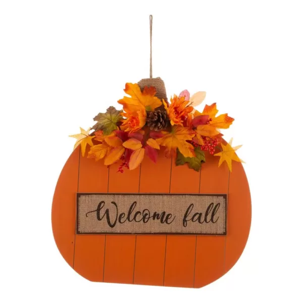 Glitzhome 20.28 in. H Fall Wooden Pumpkin with Floral Standing / Hanging Decor (2-Function)