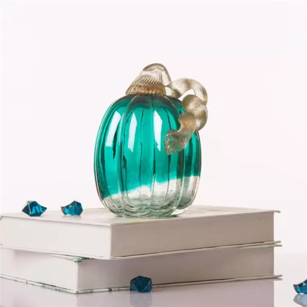 Glitzhome 5.51 in. H Turquoise Crackle Glass Pumpkin