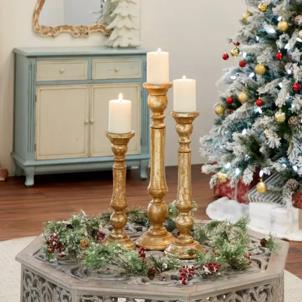 LITTON LANE 18 in. and 15 in. Golden Mango Wood Candle Holder