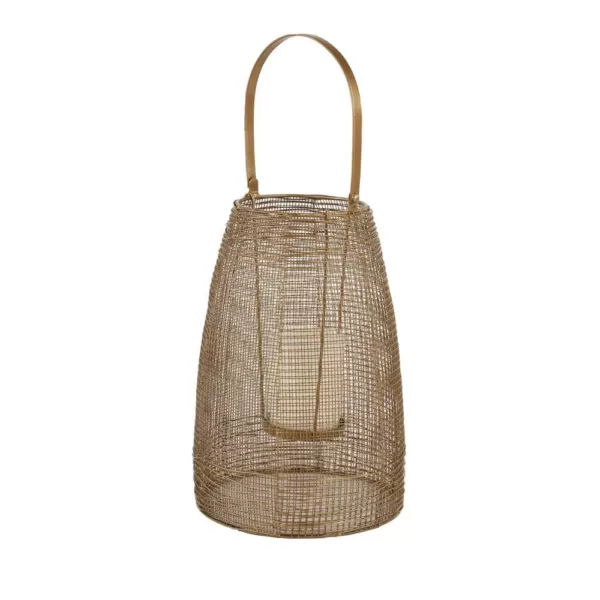 LITTON LANE Large Round Bronze Mesh Metal Lantern Candle Holder with Handle