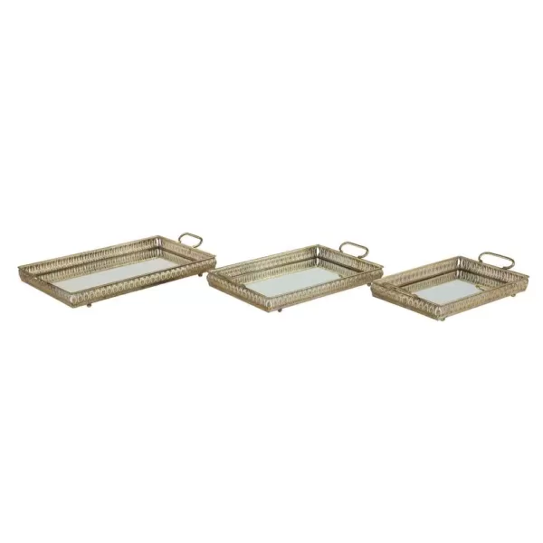 LITTON LANE Large Rectangular Metallic Gold Mirror Vanity Trays with Pierced Metal Designs ( Set of 3)