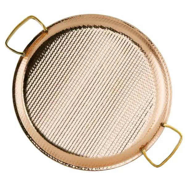 Old Dutch 11 in. 2 PLY Solid Copper / Stainless Steel Embossed Pattern Base Flat Tray with Brass Handles