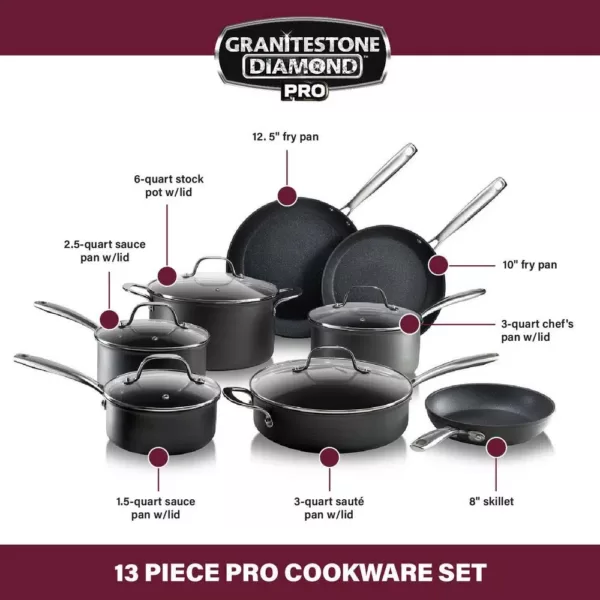 GRANITESTONE Professional 13-Piece Aluminum Hard Anodized Diamond and Mineral Coating Ultimate Nonstick Premium Cookware Set