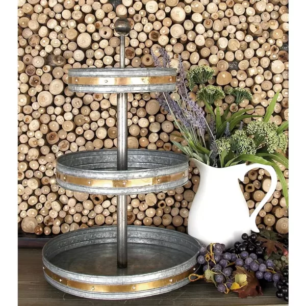 LITTON LANE 24 in. 3-Tiered Round Gray Iron Tray Stand with Copper Band Accents