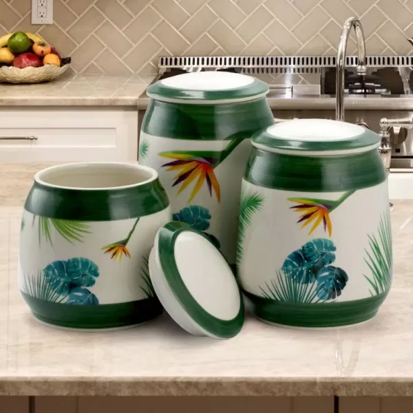 Elama Paradise Palms Green 3-Piece Ceramic Cannister Collection with Ceramic Tops