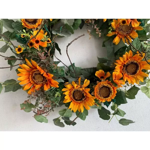 Glitzhome 24 in. Unlit Green Artificial Wreath with Golden Orange Sunflowers