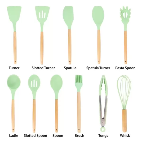 MegaChef Mint Green Silicone and Wood Cooking Utensils (Set of 12)