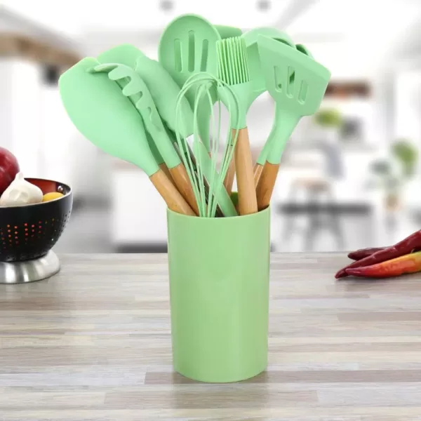 MegaChef Mint Green Silicone and Wood Cooking Utensils (Set of 12)