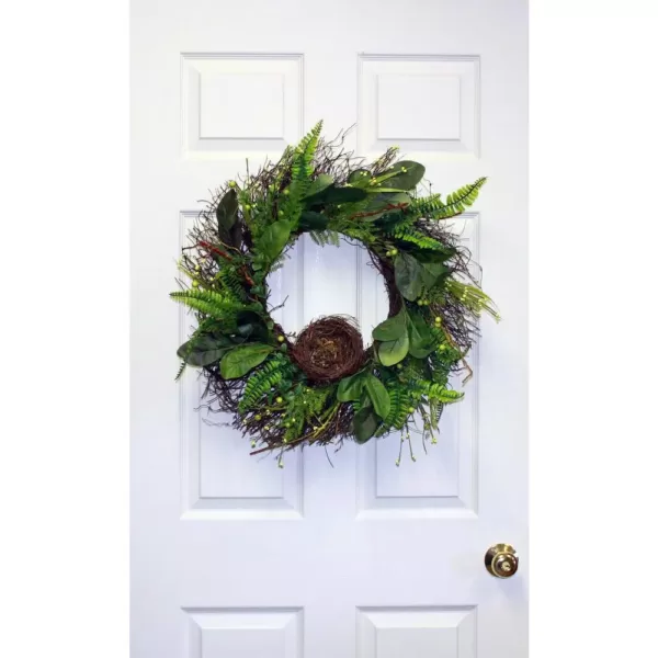 Worth Imports 24 in. Green Leaves Berries and Nest Wreath on Natural Twig Base