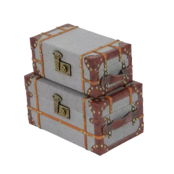 LITTON LANE Globetrotter Wood Fabric Boxes with Brown Leather Accents (Set of 2)