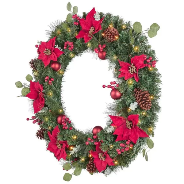 Home Accents Holiday 36 in Berry Bliss Battery Operated Mixed Pine LED Pre-Lit Artificial Wreath with Timer