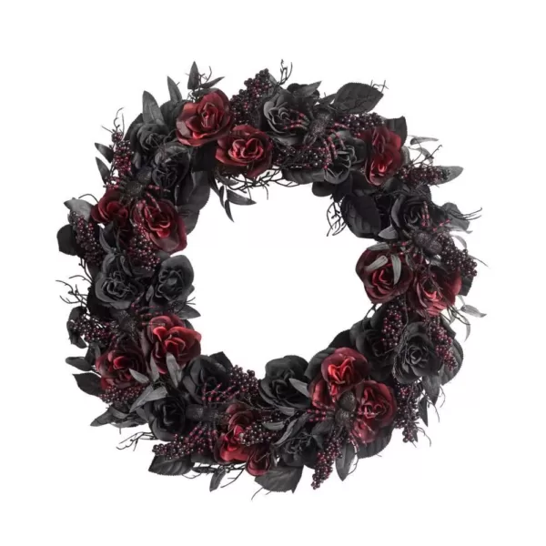 Home Accents Holiday 30 in. Black Burgundy Halloween Rose Wreath