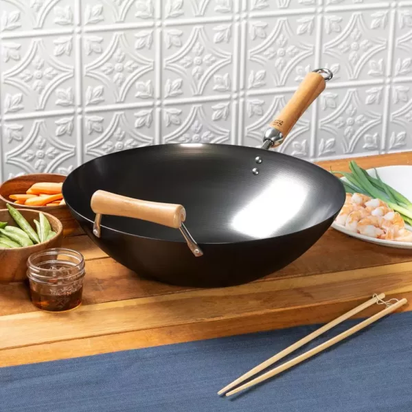 Honey-Can-Do Joyce Chen 14 in. Black with Birchwood Handle Carbon Steel Non-Stick Wok