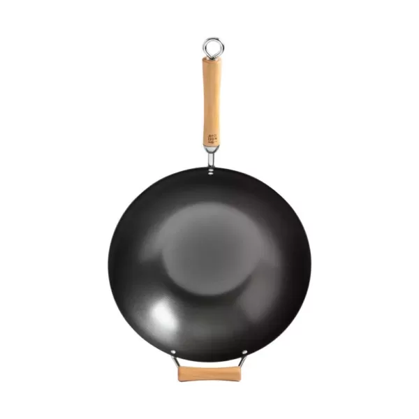 Honey-Can-Do Joyce Chen 14 in. Black with Birchwood Handle Carbon Steel Non-Stick Wok