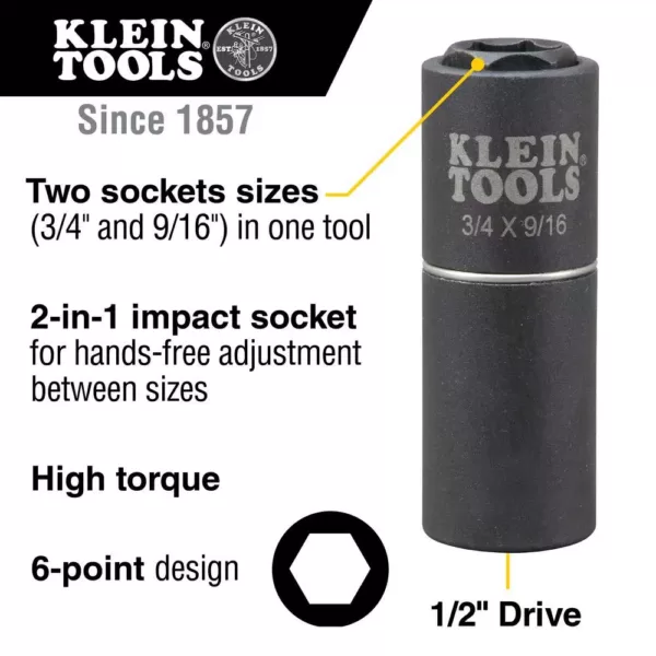 Klein Tools 1/2 in. Drive 2-in-1 Impact Socket 6-Point 3/4 in. and 9/16 in.