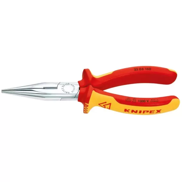 KNIPEX 6-1/4 in. 1000-Volt Insulated Long Nose Pliers with Cutter and Chrome Plating in Red/Yellow