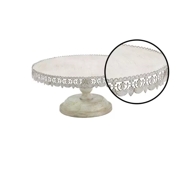 LITTON LANE 22 in. W x 10 in. H Whitewashed and Rust Brown Round Iron Cake Stand with Floral Bunting Overhang