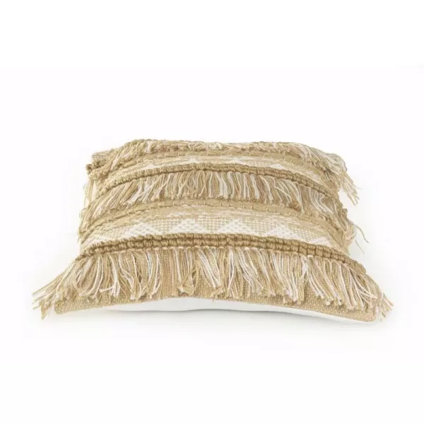 LR Home Fringe 20 in. x 20 in. Beige/White Neutral Polyester Standard Throw Pillow