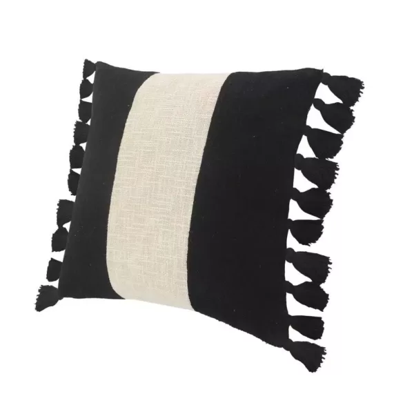 LR Home Trinity Black and Ivory Stripe Fringe Soft Poly-fill 20 in. x 20 in. Throw Pillow