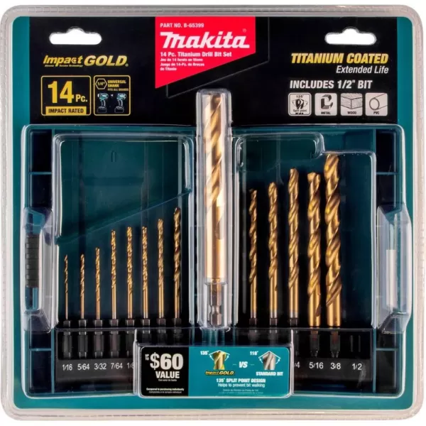 Makita Impact 1/4 in. Hex Shank Gold Titanium Drill Bit Set (14-Piece)