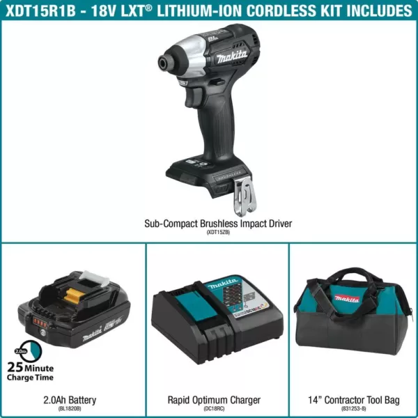 Makita 18-Volt LXT Lithium-Ion Sub-Compact Brushless Cordless Impact Driver Kit with (1) Battery 2.0Ah, Charger, and a Bag