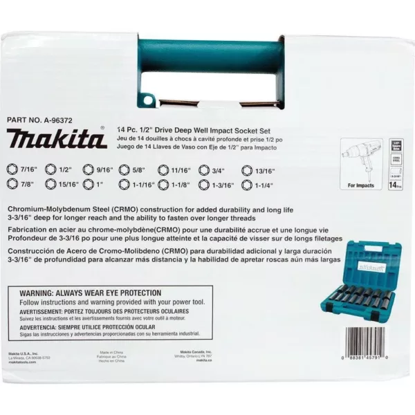 Makita 1/2 in. 6-Point Fractional Deep Impact Socket Set (14-Piece)