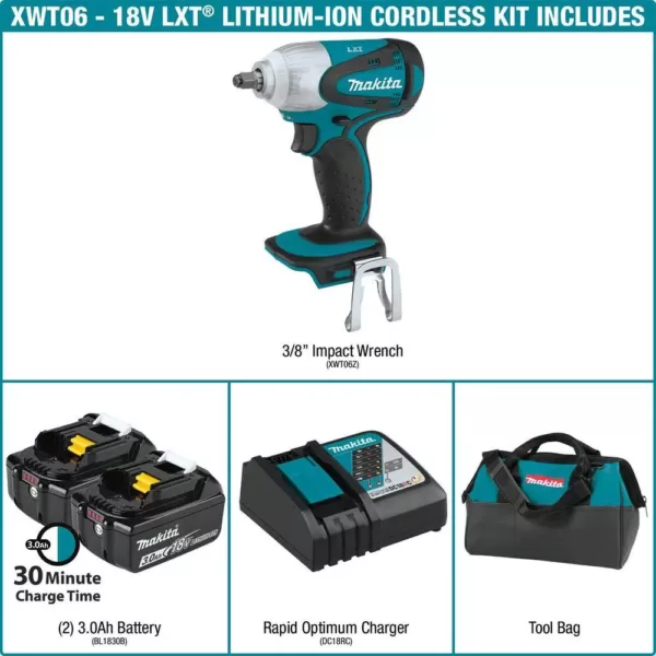 Makita 18-Volt LXT Lithium-Ion 3/8 in. Cordless Square Drive Impact Wrench Kit with (2) Batteries 3.0Ah Charger and Bag