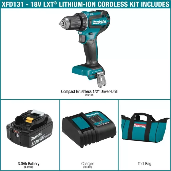 Makita 18-Volt LXT Lithium-Ion Brushless Cordless 1/2 in. Driver-Drill Kit, 3.0Ah